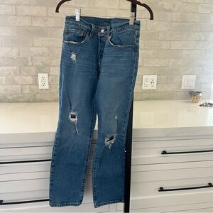 Levis 501 Button Fly Medium Wash Ripped Distressed Jeans 27w x 26l Vintage Style